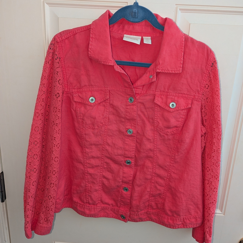 Chico's Pink Jean Jacket with Lace Detail
